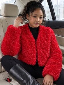 Tween Girl Fashion Winter Plush Long Sleeve Jacket - Burgundy - View 1