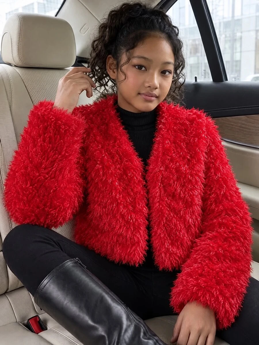 Tween Girl Fashion Winter Plush Long Sleeve Jacket - Burgundy - View 1