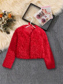 Tween Girl Fashion Winter Plush Long Sleeve Jacket - Burgundy - View 3