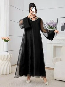 Al Najma Women's Elegant Rhinestone Collar Mesh Sleeve Maxi Turkish Dress For Formal Occasions Kaftan Jalabiya Dress - Black - View 5