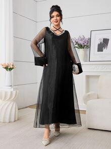 Al Najma Women's Elegant Rhinestone Collar Mesh Sleeve Maxi Turkish Dress For Formal Occasions Kaftan Jalabiya Dress - Black - View 7