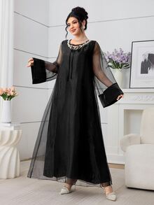 Al Najma Women's Elegant Rhinestone Collar Mesh Sleeve Maxi Turkish Dress For Formal Occasions Kaftan Jalabiya Dress - Black - View 4