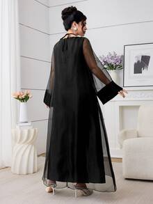 Al Najma Women's Elegant Rhinestone Collar Mesh Sleeve Maxi Turkish Dress For Formal Occasions Kaftan Jalabiya Dress - Black - View 2