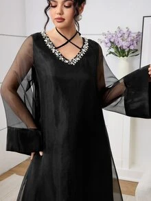 Al Najma Women's Elegant Rhinestone Collar Mesh Sleeve Maxi Turkish Dress For Formal Occasions Kaftan Jalabiya Dress - Black - View 3