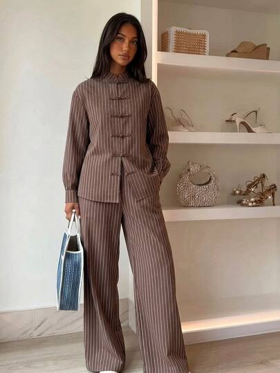 Siren Gaze Fashionable Women's Brown Striped 2 Pieces Set: Stand Collar Button-Up Top With Wide-Leg Pants, Suitable For Commuting And Casual Outings