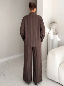 Siren Gaze Fashionable Women's Brown Striped 2 Pieces Set: Stand Collar Button-Up Top With Wide-Leg Pants, Suitable For Commuting And Casual Outings - Brown - View 3