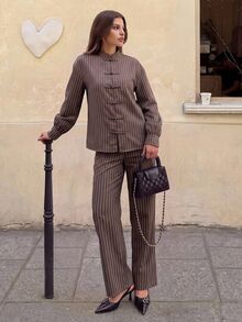 Siren Gaze Fashionable Women's Brown Striped 2 Pieces Set: Stand Collar Button-Up Top With Wide-Leg Pants, Suitable For Commuting And Casual Outings - Brown - View 8