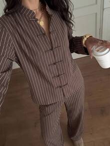 Siren Gaze Fashionable Women's Brown Striped 2 Pieces Set: Stand Collar Button-Up Top With Wide-Leg Pants, Suitable For Commuting And Casual Outings - Brown - View 10