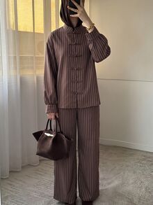 Siren Gaze Fashionable Women's Brown Striped 2 Pieces Set: Stand Collar Button-Up Top With Wide-Leg Pants, Suitable For Commuting And Casual Outings - Brown - View 5