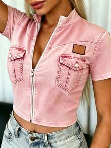Rovax Women's Pink And Brown Effect Zipper Short Top Night Out Summer Y2k Streetstyle Streetwear Going Out Nightout - Mustard Yellow - View 6