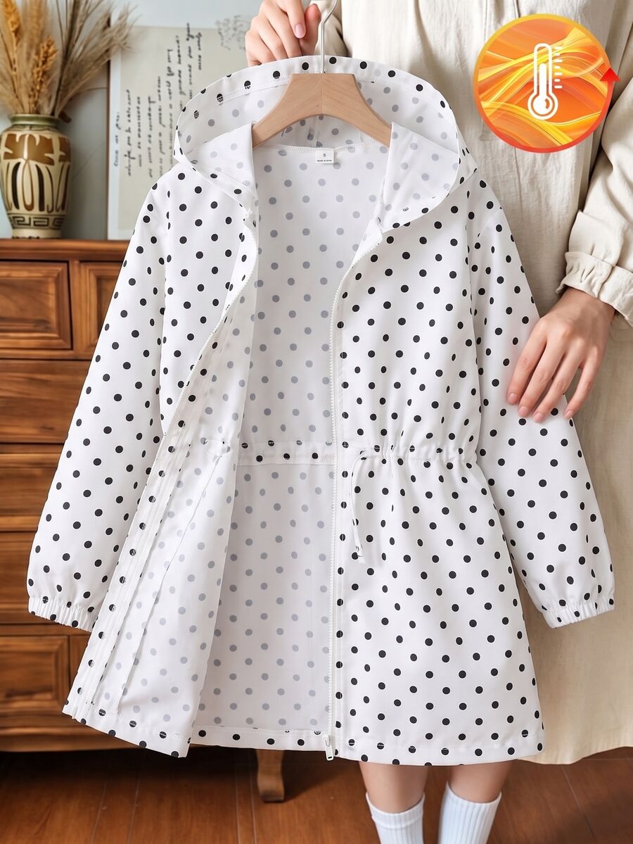SHEIN Elladie kids 1件女童甜美復古可愛酷女孩風校園日常外出秋季白色波點印花收腰連帽中長夾克 - 白色 - 查看 1