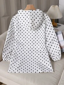 SHEIN Elladie kids 1件女童甜美復古可愛酷女孩風校園日常外出秋季白色波點印花收腰連帽中長夾克 - 白色 - 查看 2