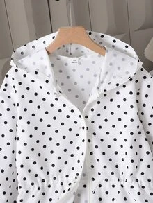 SHEIN Elladie kids 1件女童甜美復古可愛酷女孩風校園日常外出秋季白色波點印花收腰連帽中長夾克 - 白色 - 查看 8