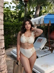 SHEIN Swim 2026 New Plus Size Solid Color Swimsuit Set With Starfish Detail, Mature Minimalist Women's Swimwear - Beige - View 1