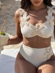 SHEIN Swim 2026 New Plus Size Solid Color Swimsuit Set With Starfish Detail, Mature Minimalist Women's Swimwear - Beige - View 4