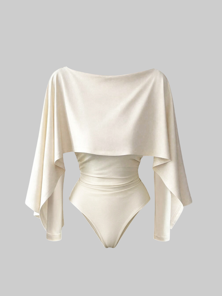 Elenzga 1pc Solid Ruched Waist Cape Bodysuit Night Out Date Night Cream White Autumn Elegant Sexy - Apricot - View 8