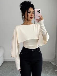 Elenzga قطعة واحدة بودي سوت كيب بخصر مكشكش بلون أبيض كريمي للخروجات الليلية والمواعيد، أنيق وجذاب لفصل الخريف - لون مشمشي - مشاهدة 4