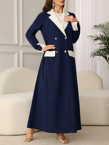 SHEIN Najma 女士休闲简约保守宽松长翻领开衫和纯色圆领背心套装，端庄 - 藏蓝色 - 查看 6