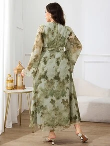 Modelyn Plus Size Minimalist Elegant Print V-Neck Long Sleeve Dress Wrap Dress Brunch Light Green Autumn Fall Evening Tea Party Tea Party - Coffee Brown - View 2