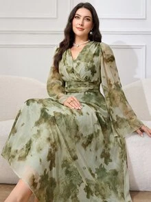 Modelyn Plus Size Minimalist Elegant Print V-Neck Long Sleeve Dress Wrap Dress Brunch Light Green Autumn Fall Evening Tea Party Tea Party - Coffee Brown - View 1