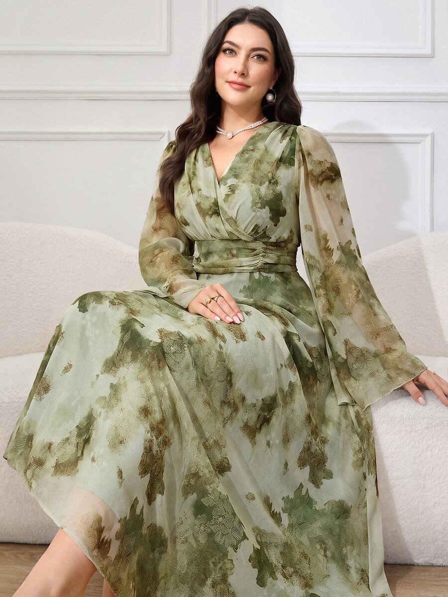 Modelyn Plus Size Minimalist Elegant Print V-Neck Long Sleeve Dress Wrap Dress Brunch Light Green Autumn Fall Evening Tea Party Tea Party - Coffee Brown - View 1