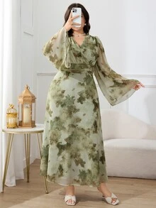 Modelyn Plus Size Minimalist Elegant Print V-Neck Long Sleeve Dress Wrap Dress Brunch Light Green Autumn Fall Evening Tea Party Tea Party - Coffee Brown - View 4