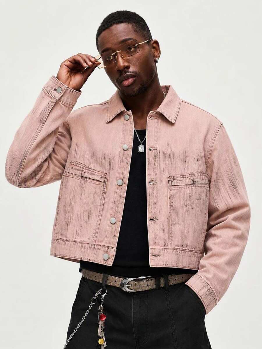 ROMWE MEN Street Life Men's Long Sleeve Single-Breasted Casual Loose Fit Denim Jacket - Pink - View 1