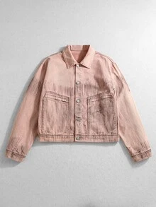 ROMWE MEN Street Life Men's Long Sleeve Single-Breasted Casual Loose Fit Denim Jacket - Pink - View 9