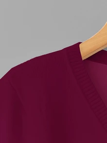 SHEIN Franclia Women's Casual Solid Color V-Neck Long Sleeve Pullover Sweater With Thermal Lined, Autumn/Winter - Burgundy - View 7