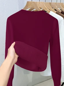 SHEIN Franclia Women's Casual Solid Color V-Neck Long Sleeve Pullover Sweater With Thermal Lined, Autumn/Winter - Burgundy - View 2