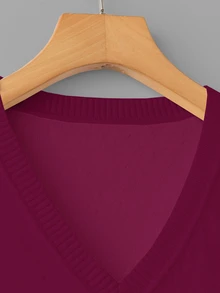 SHEIN Franclia Women's Casual Solid Color V-Neck Long Sleeve Pullover Sweater With Thermal Lined, Autumn/Winter - Burgundy - View 6