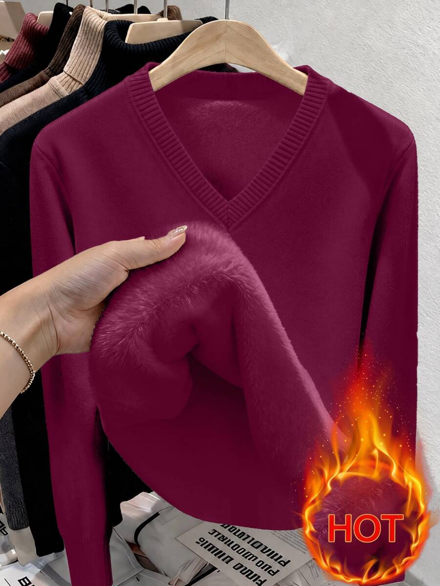 SHEIN Franclia Women's Casual Solid Color V-Neck Long Sleeve Pullover Sweater With Thermal Lined, Autumn/Winter - Burgundy - View 1