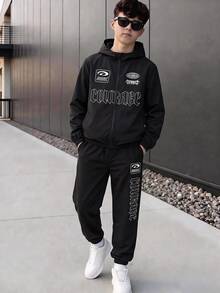 SHEIN 2件組兒童青少年男孩休閒運動拼接配色連帽外套與黑色長褲套裝，適合秋冬、家庭聚會、開學季、運動、玩耍、生日派對、攝影、度假、假期 - 黑色 - 查看 6