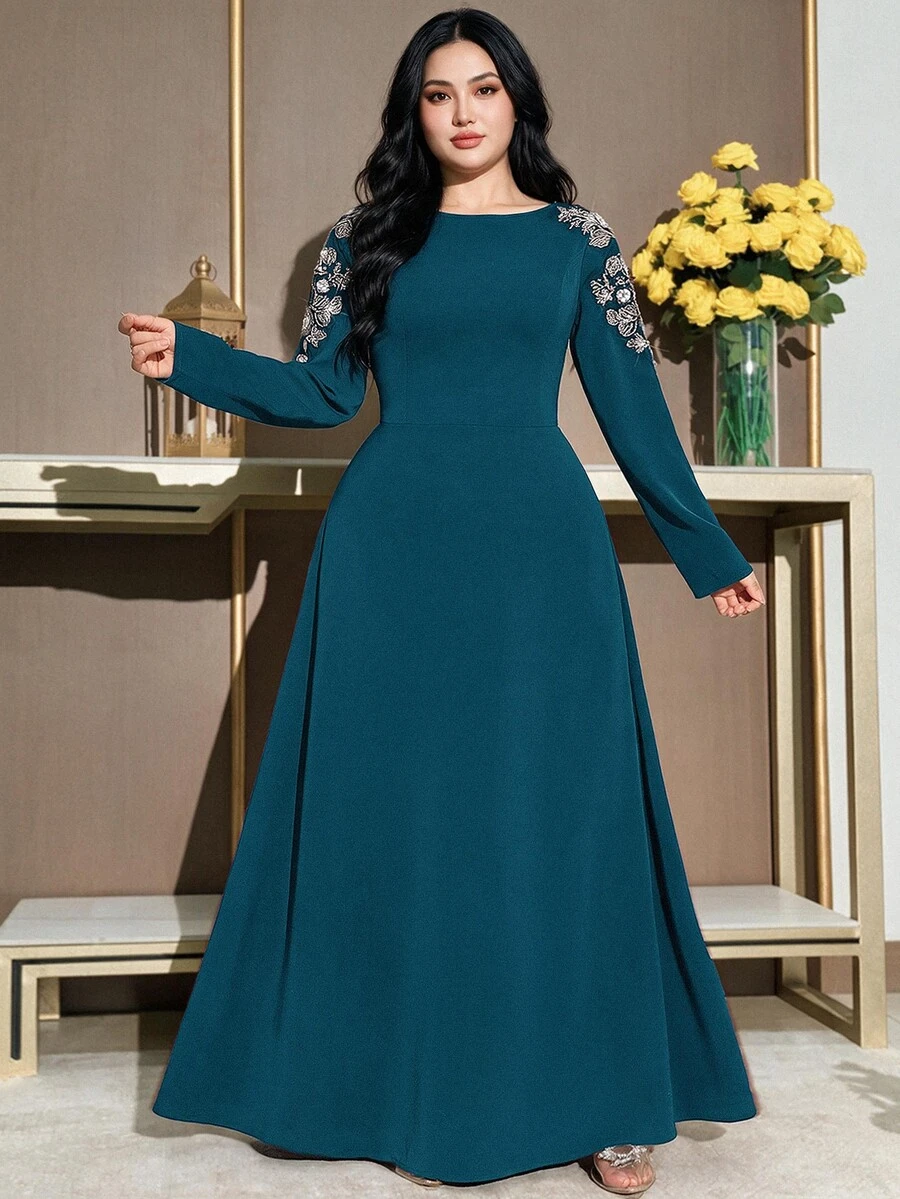 Modelyn 大码女式串珠花卉装饰V领优雅连衣裙 - 水鴨藍 - 查看 1
