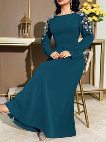 Modelyn 大码女式串珠花卉装饰V领优雅连衣裙 - 水鴨藍 - 查看 7