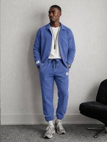 Manfinity RebelGame 2pcs/Set Men's Loose Knit Casual Long Sleeve Jacket And Pants Suit, Letter - Navy Blue - View 1