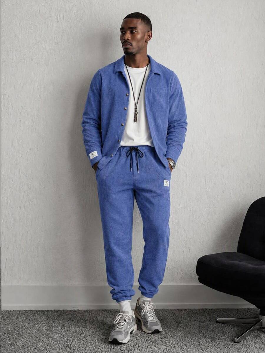 Manfinity RebelGame 2pcs/Set Men's Loose Knit Casual Long Sleeve Jacket And Pants Suit, Letter - Navy Blue - View 1