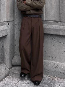 ESTAVOR Men's Solid Color Pleated Straight Leg Loose Casual Long Pants - Brown - View 8