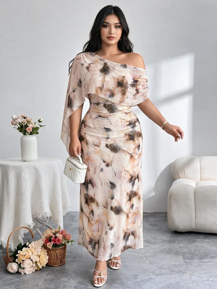 Modelyn 大尺碼極簡浪漫優雅 L'amoure 印花不對稱單肩洋裝 米色 夏季婚禮派對晚宴禮服 - 彩色 - 查看 1