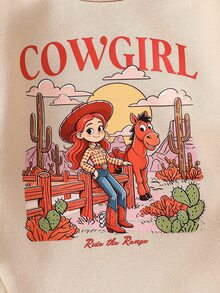 SHEIN 女童圓領卡通字母印花拼接牛紋下擺時尚長袖洋裝 - 杏色 - 查看 6