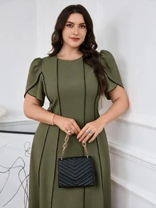 Modelyn Vestido elegante de manga corta con estampado floral y pétalos para mujer de talla grande - Marrón - Ver 1