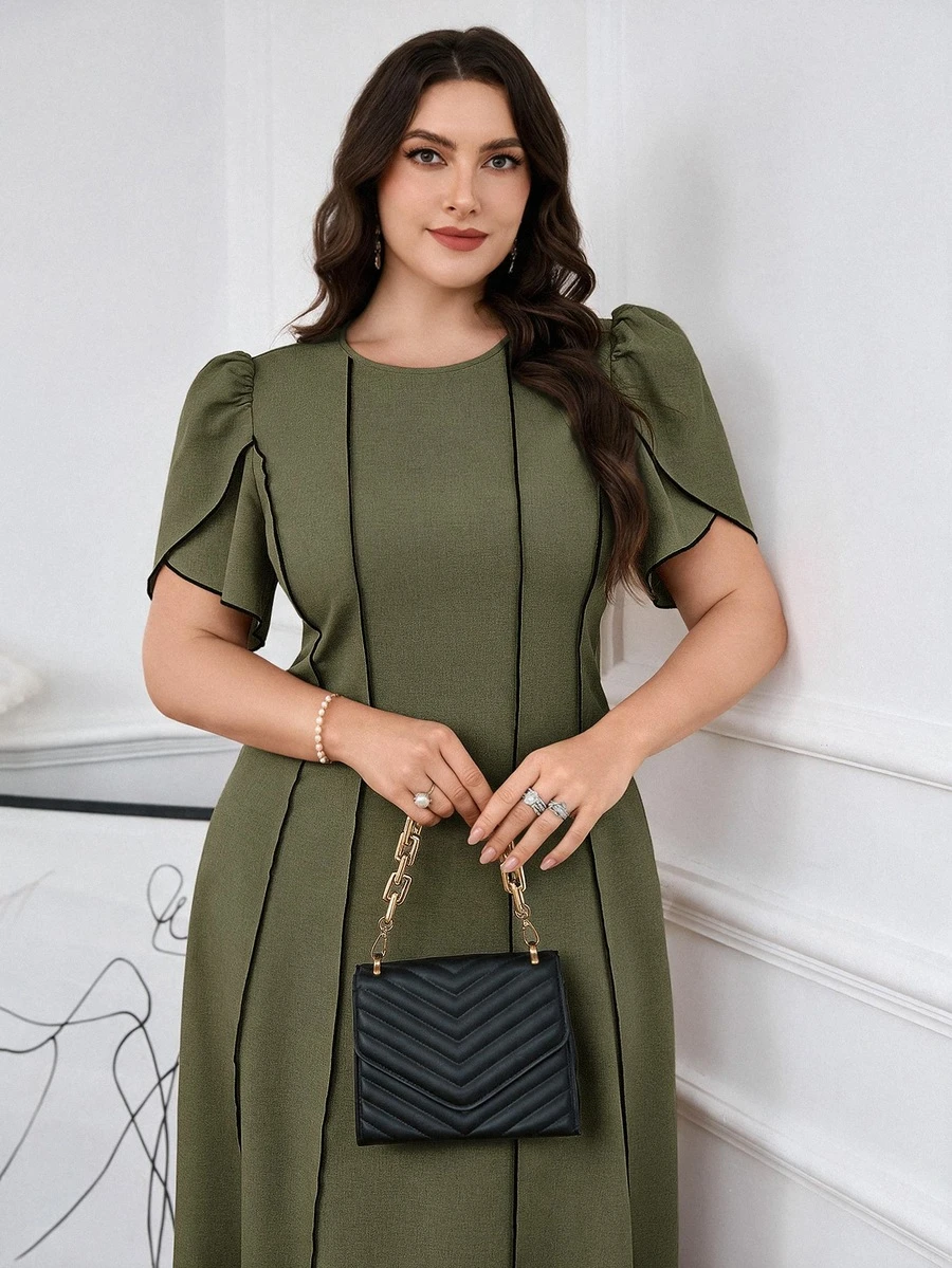Modelyn Vestido elegante de manga corta con estampado floral y pétalos para mujer de talla grande - Marrón - Ver 1