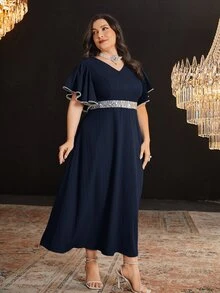Modelyn 大码女式亮片拼布荷叶边短袖优雅连衣裙 - 藏蓝色 - 查看 6