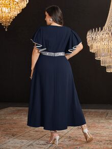 Modelyn 大码女式亮片拼布荷叶边短袖优雅连衣裙 - 藏蓝色 - 查看 3
