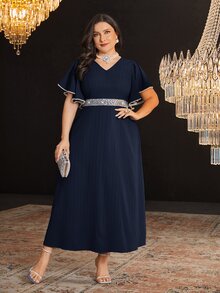 Modelyn 大码女式亮片拼布荷叶边短袖优雅连衣裙 - 藏蓝色 - 查看 5