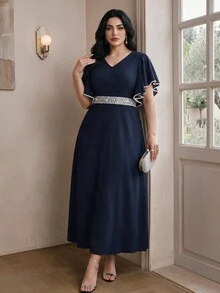 Modelyn 大码女式亮片拼布荷叶边短袖优雅连衣裙 - 藏蓝色 - 查看 1