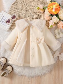 Souflis Souflis 女嬰白色冬季優雅生日禮服外套 毛絨翻領 3D 蝴蝶結 羊毛混紡 A 字版型 純色長袖保暖公主外套 - 杏色 - 查看 1