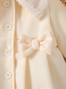 Souflis Souflis 女嬰白色冬季優雅生日禮服外套 毛絨翻領 3D 蝴蝶結 羊毛混紡 A 字版型 純色長袖保暖公主外套 - 杏色 - 查看 9