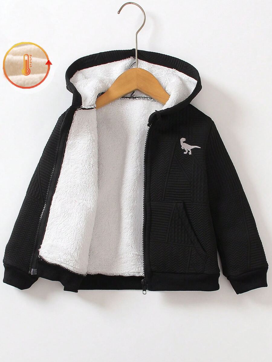 SHEIN Genkimix Kids Young Boy Dinosaur Embroidery Zip Up Thermal Lined Sweatshirt Autumn Fall - Black - View 1