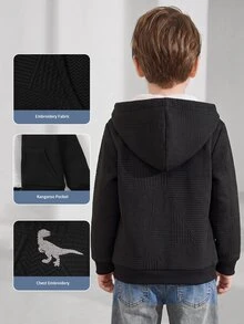 SHEIN Genkimix Kids Young Boy Dinosaur Embroidery Zip Up Thermal Lined Sweatshirt Autumn Fall - Black - View 4